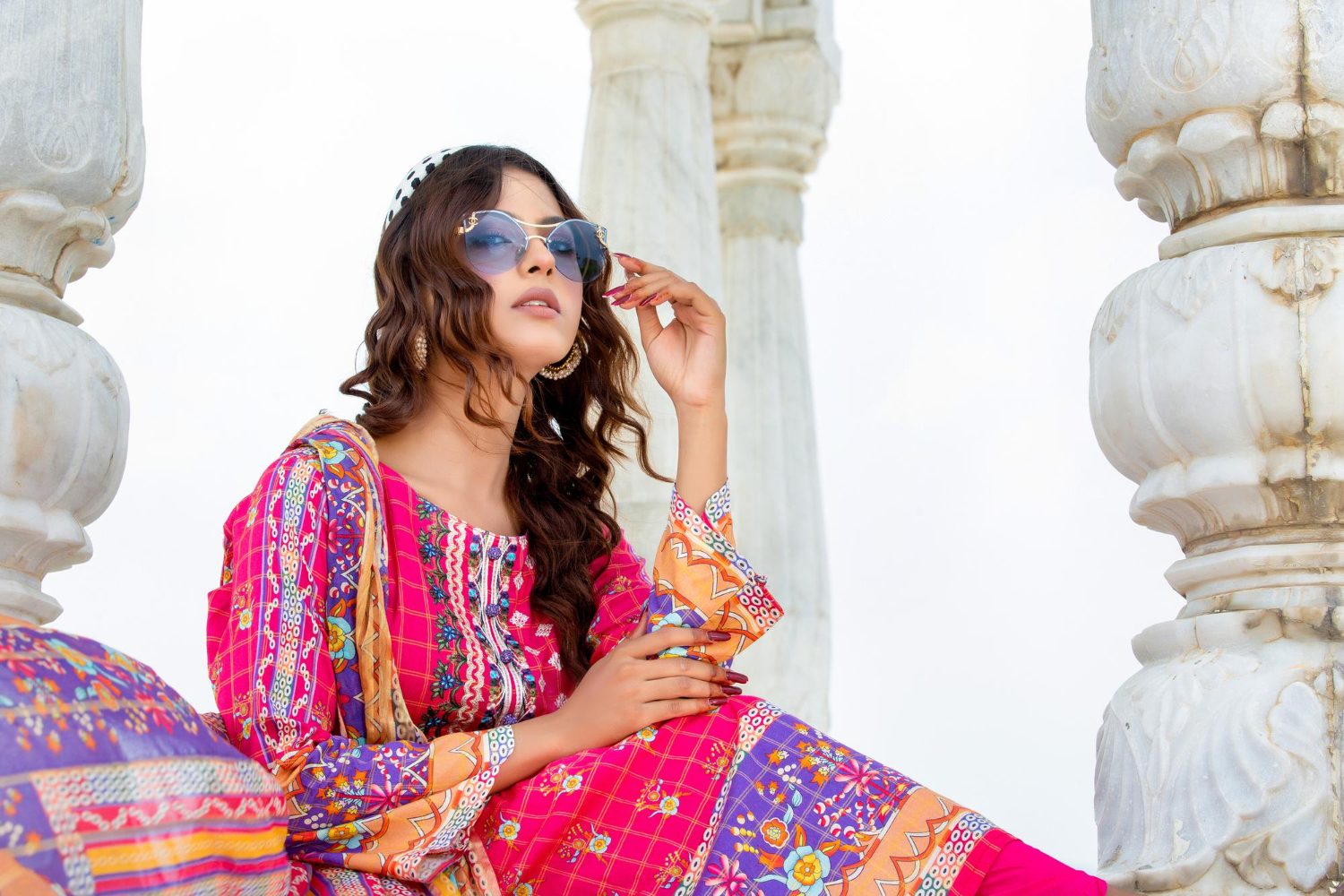 Woman in floral ethnic dress